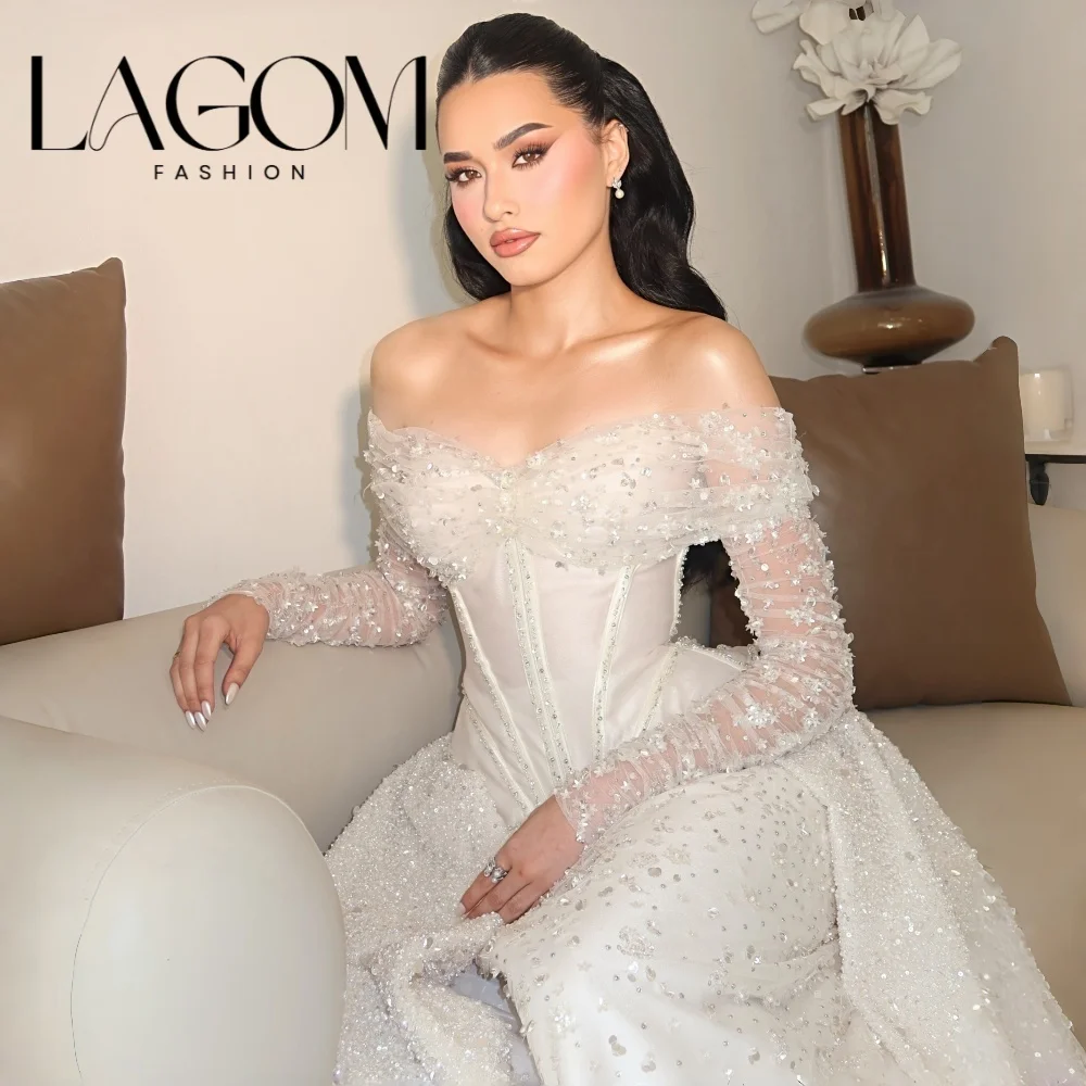 Lagom Elegant Straight Beadin Lace Wedding Dresses Satin Bridal Gown Pleat Off Shoulder Full Sleeve Vestido de novia Customized