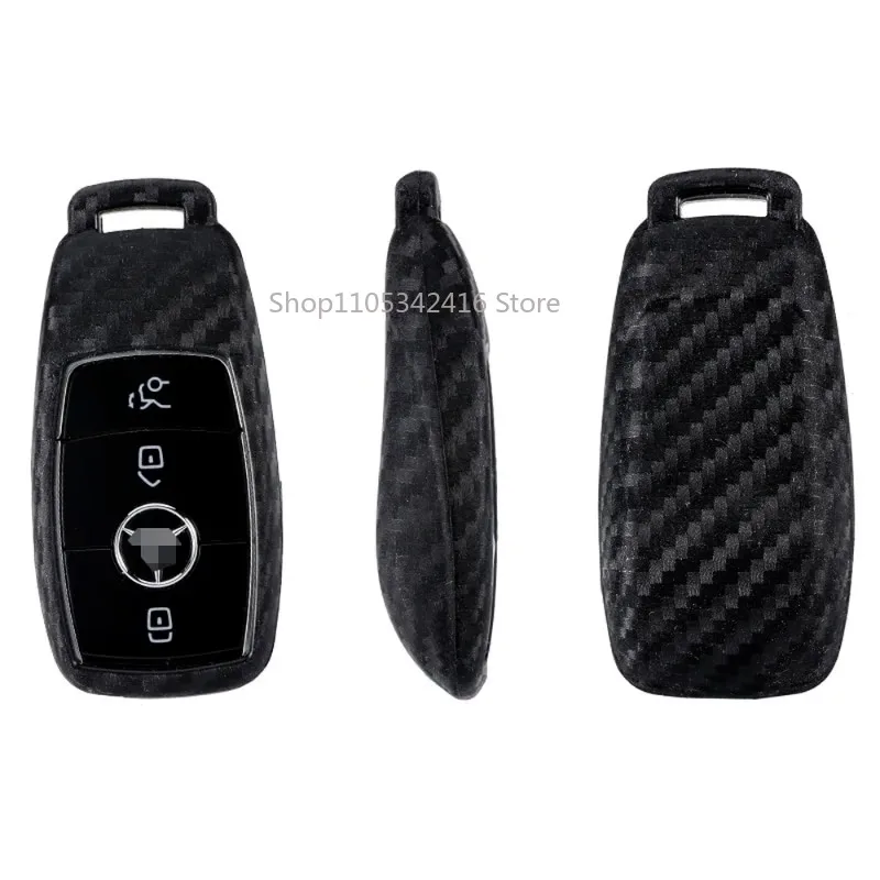 Carbon Fiber Look Silicone Car Key Case Cover with Keychain for Mercedes Benz A C E S Class W203 W204 W212 W213 W176