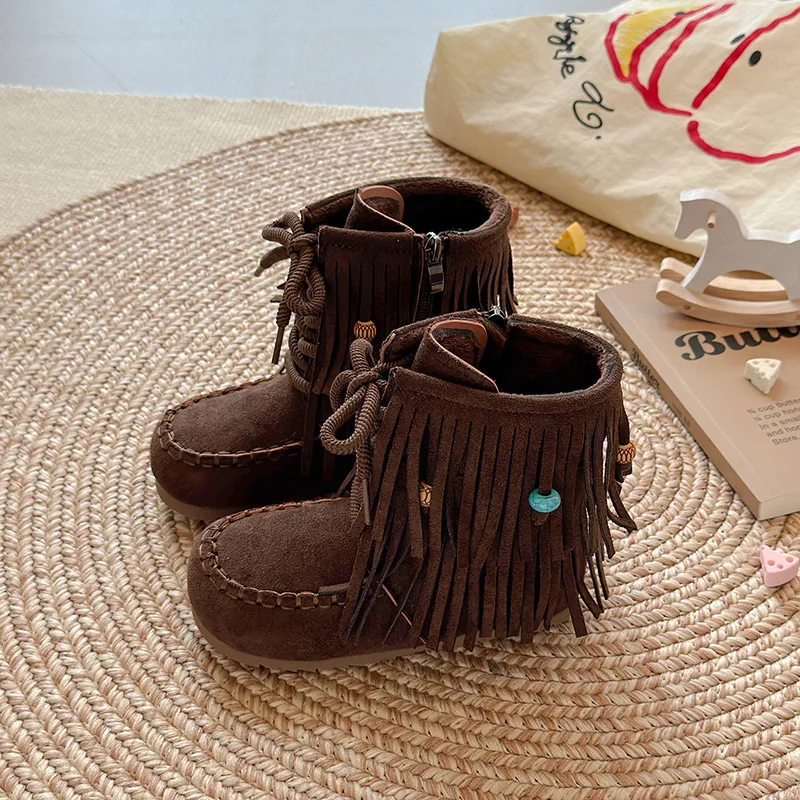 

Осенние детские короткие сапоги для девочек, коричневые ботильоны принцессы в стиле ретро с кисточками для девочек, детская обувь на мягкой нескользящей подошве с теплой подкладкой