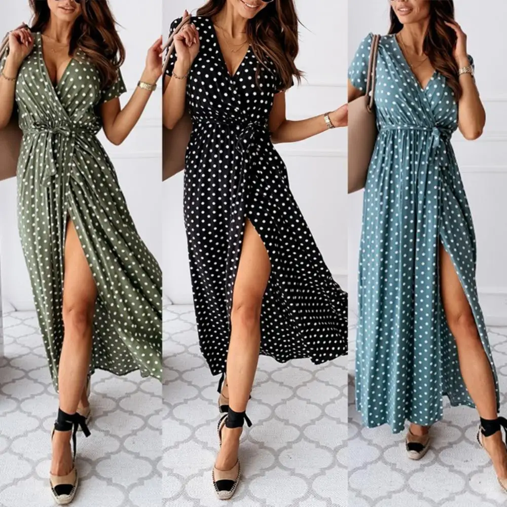 Casual Long Dress Ladies Women Dress Summer Women Dress 2020 Polka dot Women's V-neck Wrap Dresses For Front Split female Office