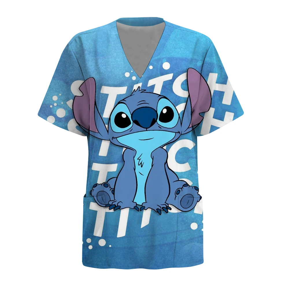 Disney Stitch stampa Estate Abbigliamento da infermiera da donna Uniforme da lavoro Tasca con scollo a V Scrub infermieristico Top Negozio di animali Salone di bellezza Lavoro dentale