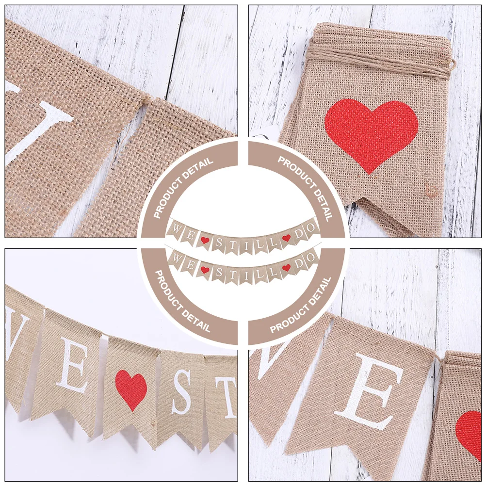 

2 Pcs Linen Swallowtail Flags Bunting Banner Wedding Decor Beige Hemp Rope Heart Shaped Party Supplies Anniversary