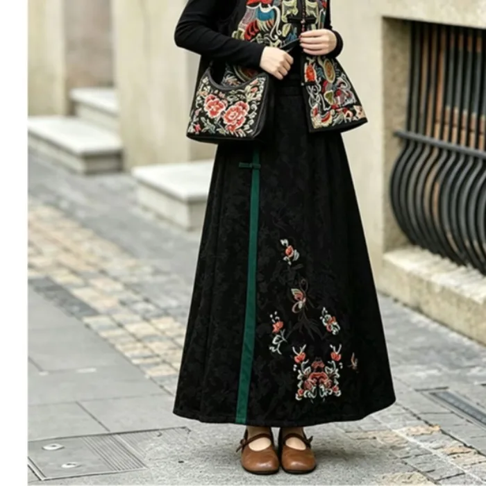 Elegant Embroidered A-Line Midi Skirt Women's High Waist Loose Fit Floral Print Breathable Comfortable Cotton Linen Blend