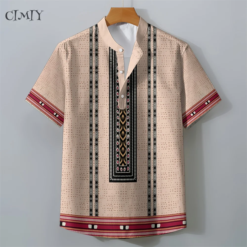 2025 Men's Ethnic Tribal Style Shirt Stand Collar Retro Traditional Henley Shirt 3D Printed Pattern Loose Breathable Large Size