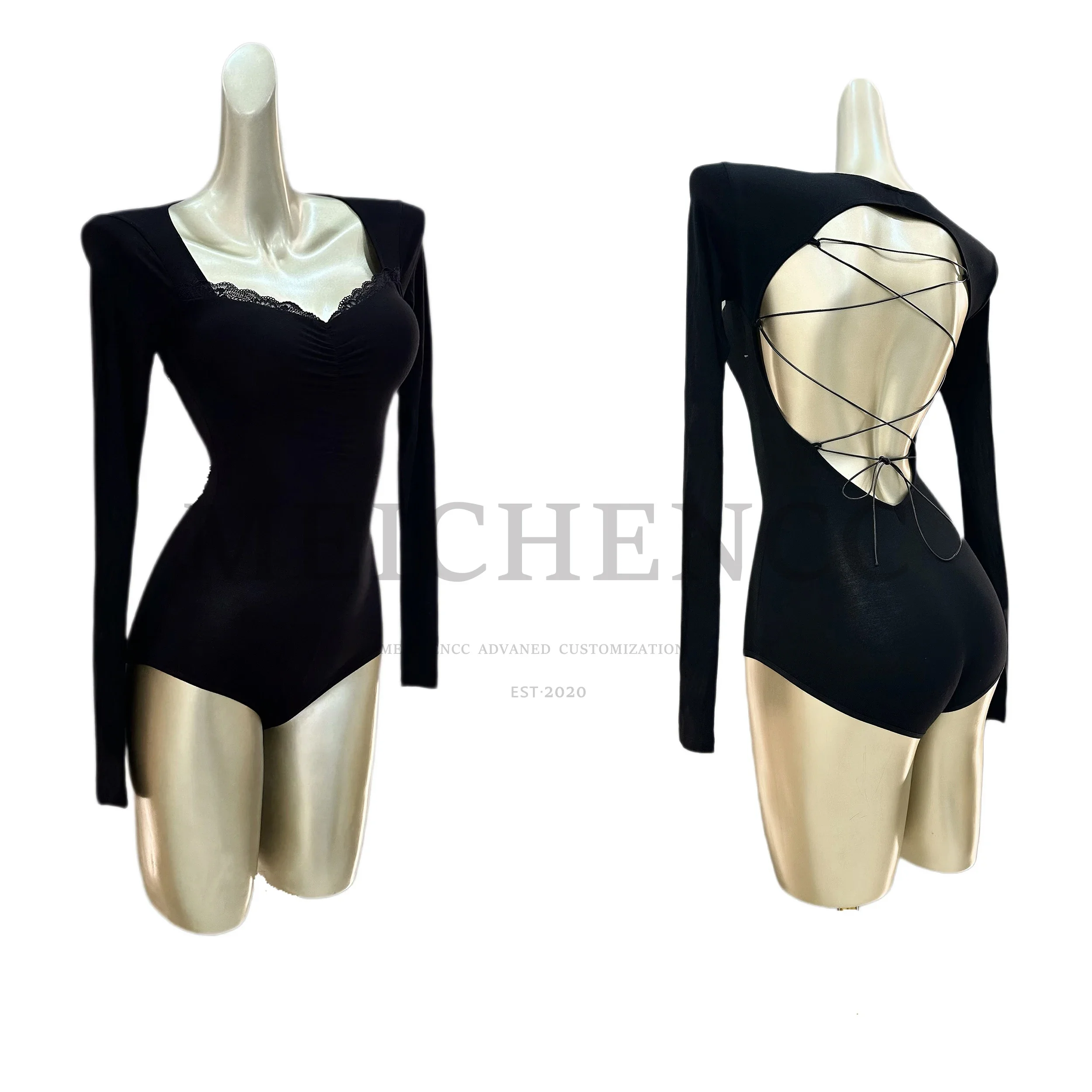 

Black Lace Latin Dance Tops Women Backless Sexy Bodysuit Long Sleeves Practice Clothes Rumba Samba Ballroom Dancewear DNV18818