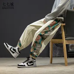 Spring Casual Pants Men Cotton Embroidery Patchwork Joggers Pants Harajuku Elastic Waist Drawstring Loose Trousers Streetwear