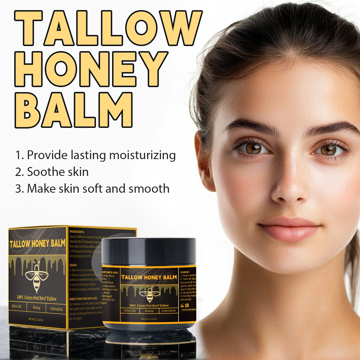 1/2/3pcs Tallow Honey Balm – Rich Nourishing Moisturizer for Extra Dry & Rough Skin, Intensive Hydration and Moisture-Locking Ca