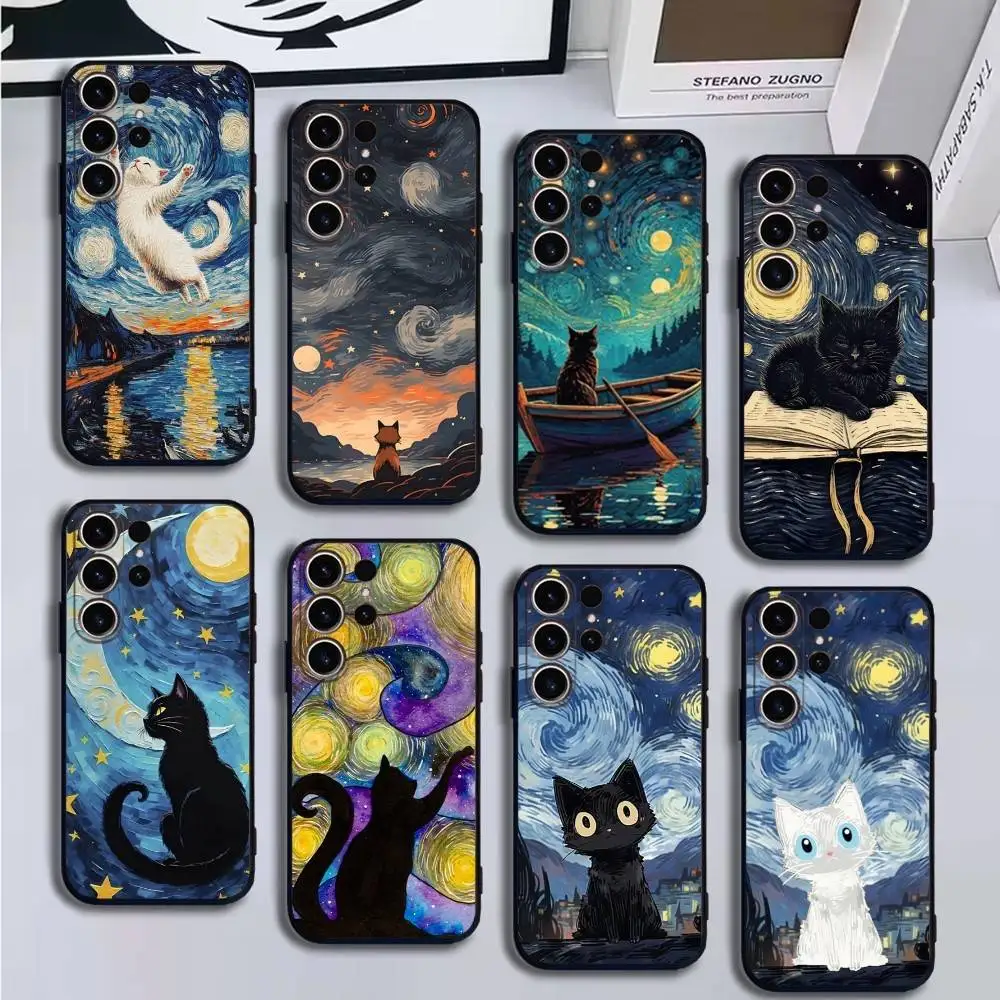 

Starry Sky Cat Phone Case For SamsungS25,24,21,22,23,30,Ultra,20,Plus,Fe,Lite,Note,10,9,Soft Black Cover