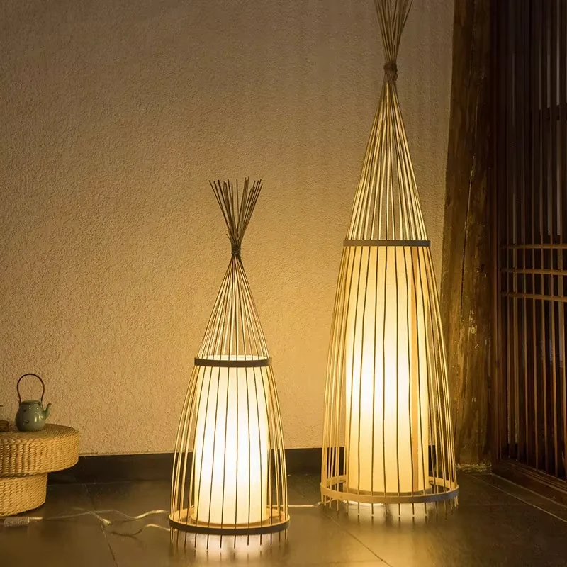 Retro Bamboo Weaving Living Room Tea Room Japanese Bedroom Classic Creative Ornament Lighting Fixtures Art Chinese Floor Lamp