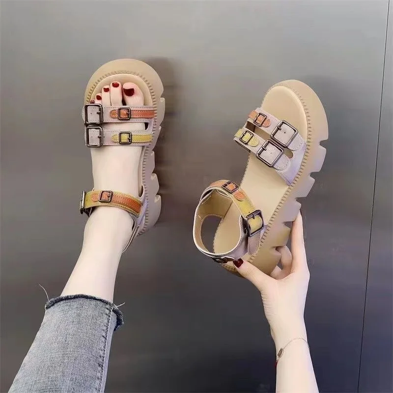 Summer Shoes for Women 2023 New Retor Open Toe Women\'s Platform Sandals Punk Metal Buckle Ankle Strap Ladies Casual Sandalias