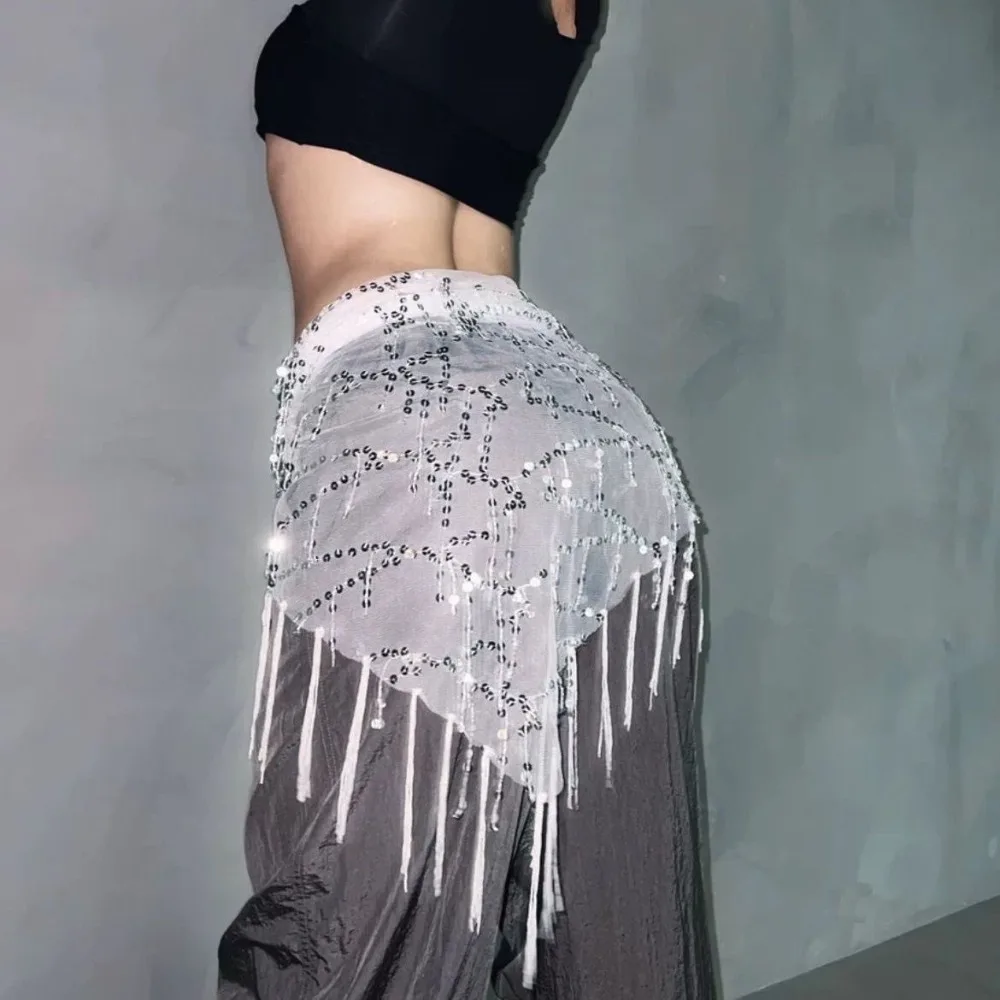 ファッションスパンコールベリーダンスベルトタッセルストリートダンスヒップスカーフショーコスチュームジャズダンスウエストチェーン女性用