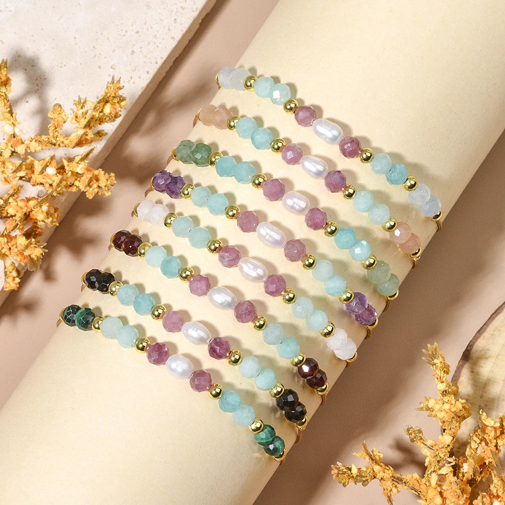Mixed 4mm Natural Stone Sunstone Pink Tourmaline Brazil Amazonite and Freshwater Adjustable Bracelet for Women Boho Jewelry Gift