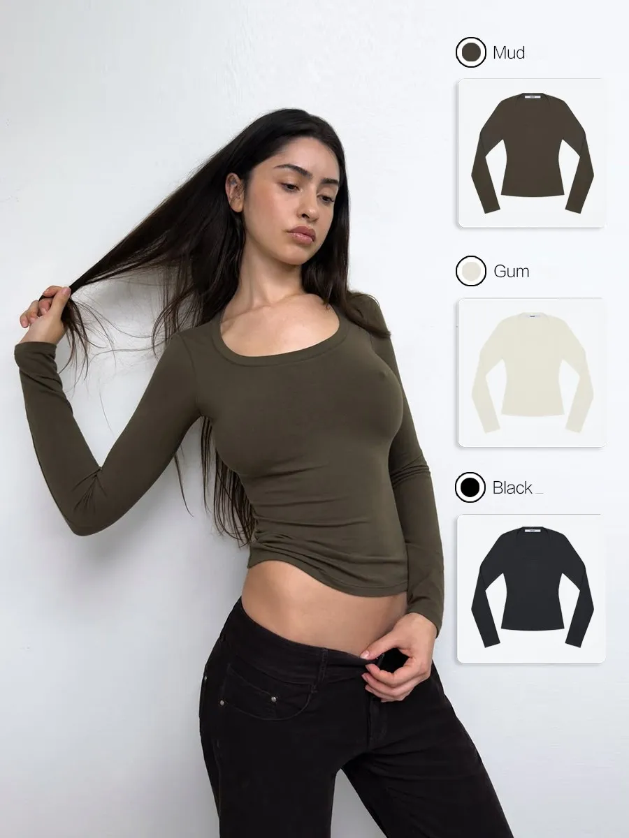 

Tank Women's Slim-Fit U-Neck Long-Sleeve Cropped Top, Vintage Basic Knit Top, Autumn and Winter Inner Layer Warm Long-Sleeve Top, Sexy Outerwear Top