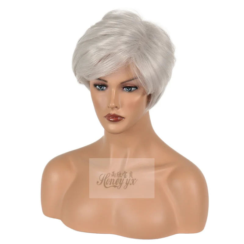 Grey Short Hair White women\'s Wig Heat Resitant Synthetic Hair Party Cosplay Costume Curly Wigs Peluca