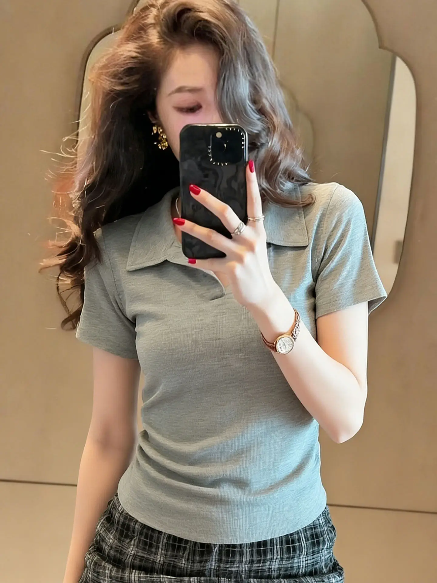 

Korean Style Pure Color Neck Short Sleeve T-Shirt Commute Casual Versatile High-End Feeling Small Shirt Summer Top