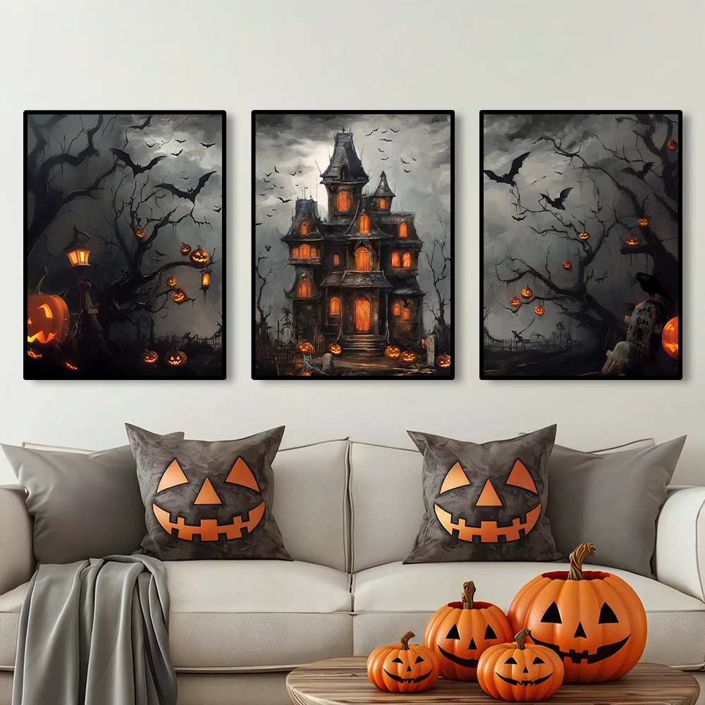 

3pcs Canvas Wall Art, Halloween Autumn Castle Pumpkins Forest Trees Magical Orange Gray Black,Wall Decor for Living Room,Bedroom