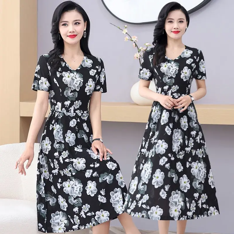 

Chiffon Floral Short-sleeved Long Dress 2025 New Summer Thin Vintage Sexy Dress Lady Casual Evening Dresses