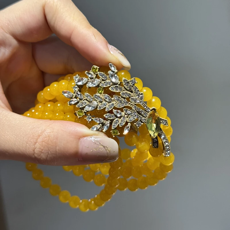 

Strand Vintage Natural Beeswax Yellow Stone Beads Bracelet Antique Silver Plated Leaf Design Girl Jewelry Luxury Music Festival