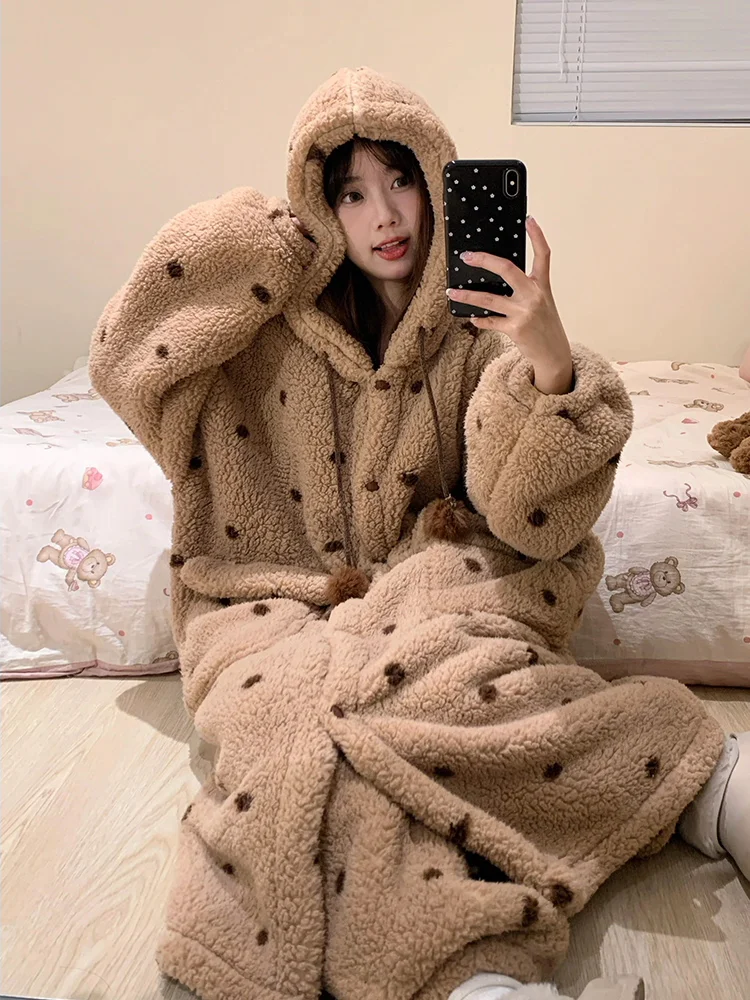 Thickened Coral Fleece Sleepwear Women's Style Winter Home Clothes Set Cute Sweet Series Long Sleeve Hooded Open Cardigan