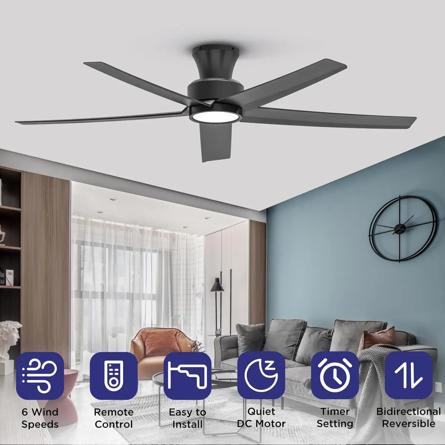 Ceiling Fans with Lights, Large Air Volume Ceiling Fans with Reversible Quiet DC Motor and Remote（Black）