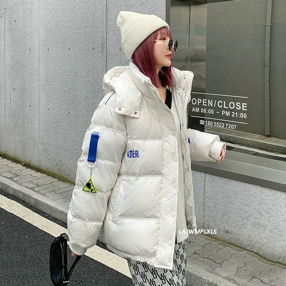 Inverno nuova giacca con cappuccio moda donna stile coreano colore sciolto contrasto 90% piumino d'anatra bianco parka bianco/nero