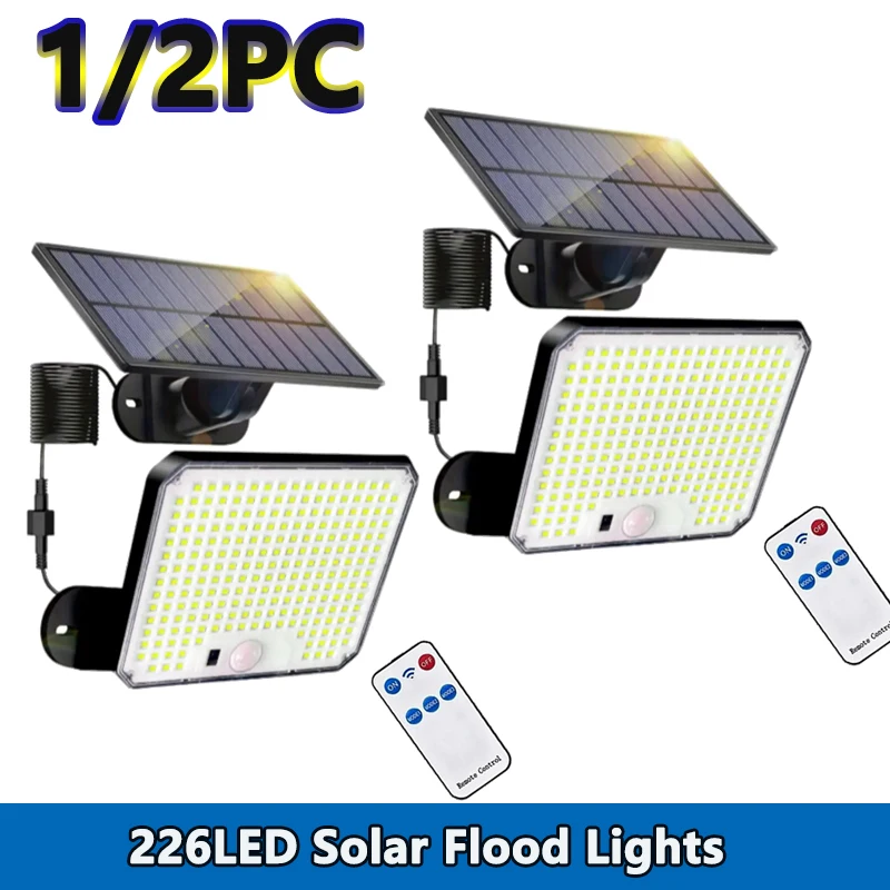 

Солнечные светильники 226 LED с датчиком движения, от заката до рассвета, на солнечной энергии, с раздельной солнечной панелью, для наружного освещения, для стен, сараев, сада