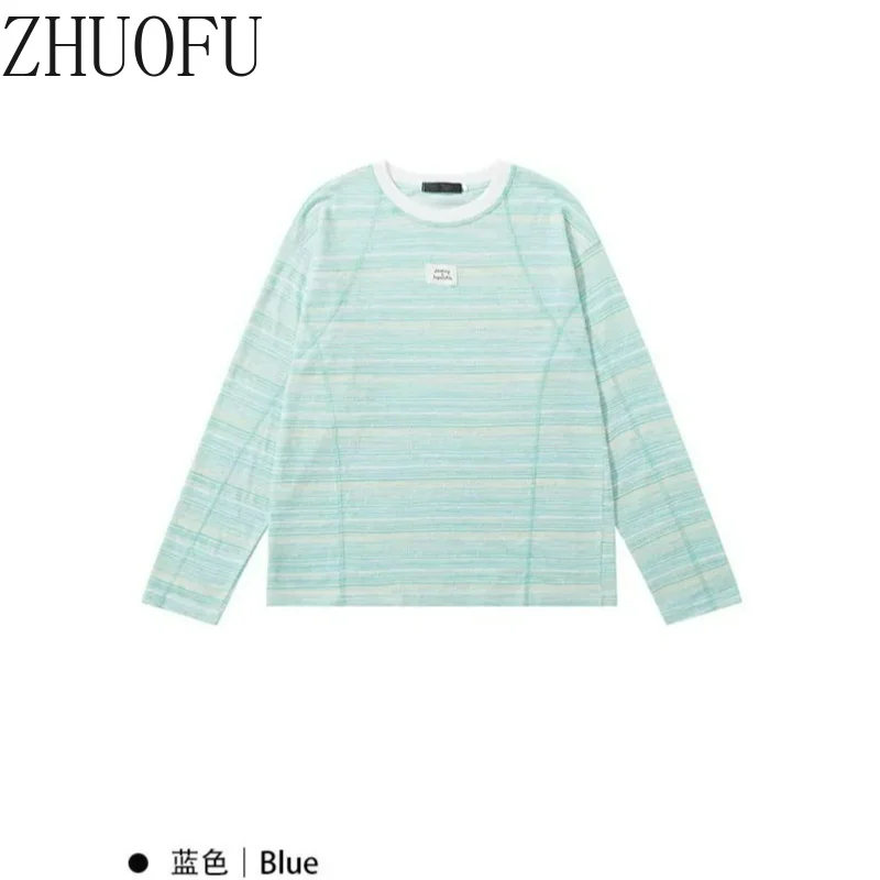 2026 New Women's Long-sleeved T-shirt Korean Design Casual Striped Splicing Loose Age-reducing Thin Commuter Sunscreen Top Girl