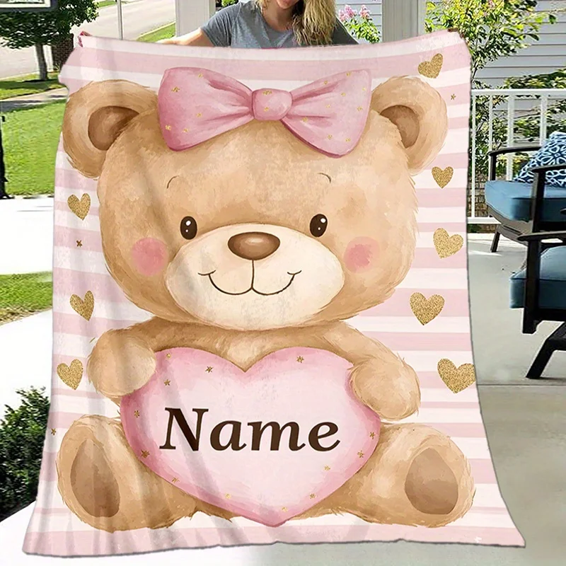 Personalized Teddy bear fleece blanket, soft, suitable for all seasons, ideal for sofa bed camping, and machine-washable