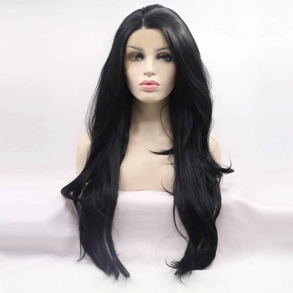 Synthetic Black Lace Front Wigs 1b#Color Long Black Wavy Wigs Heat Resistant Fiber Long Hair Wigs  Middle Parting