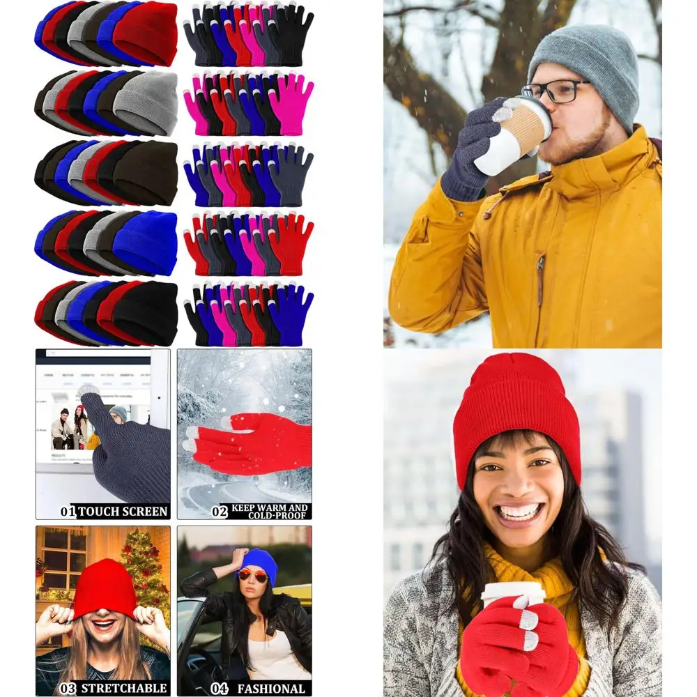 

Комплект из 100 зимних шапочек и перчаток, теплые шапки унисекс и перчатки с сенсорным экраном для мужчин и женщин, идеальные аксессуары для холодной погоды