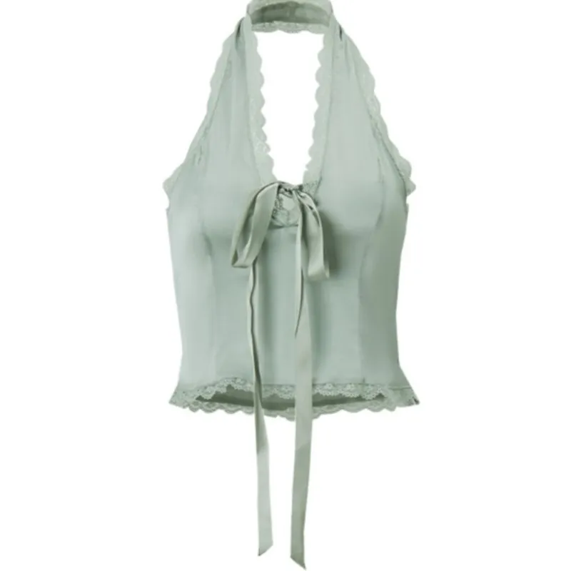 女性のセクシーなレースのホルターキャミソール Y2K 夏新弓プリーツ背中の開いた V ネックスリムフィットベスト美的カジュアルクロップトップス女性服