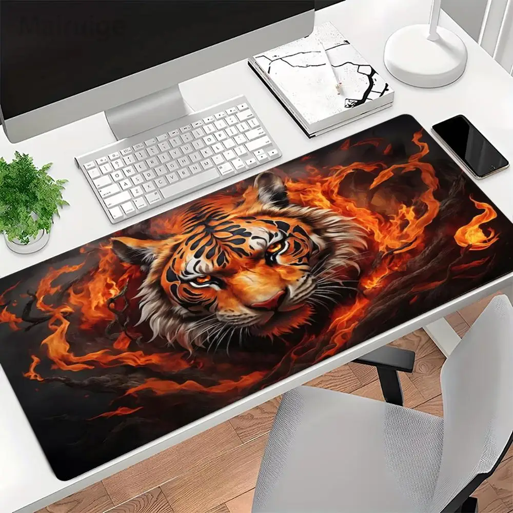 Full stitched tiger long desk mat anti-slip natural rubber base HD texture game office mouse pad