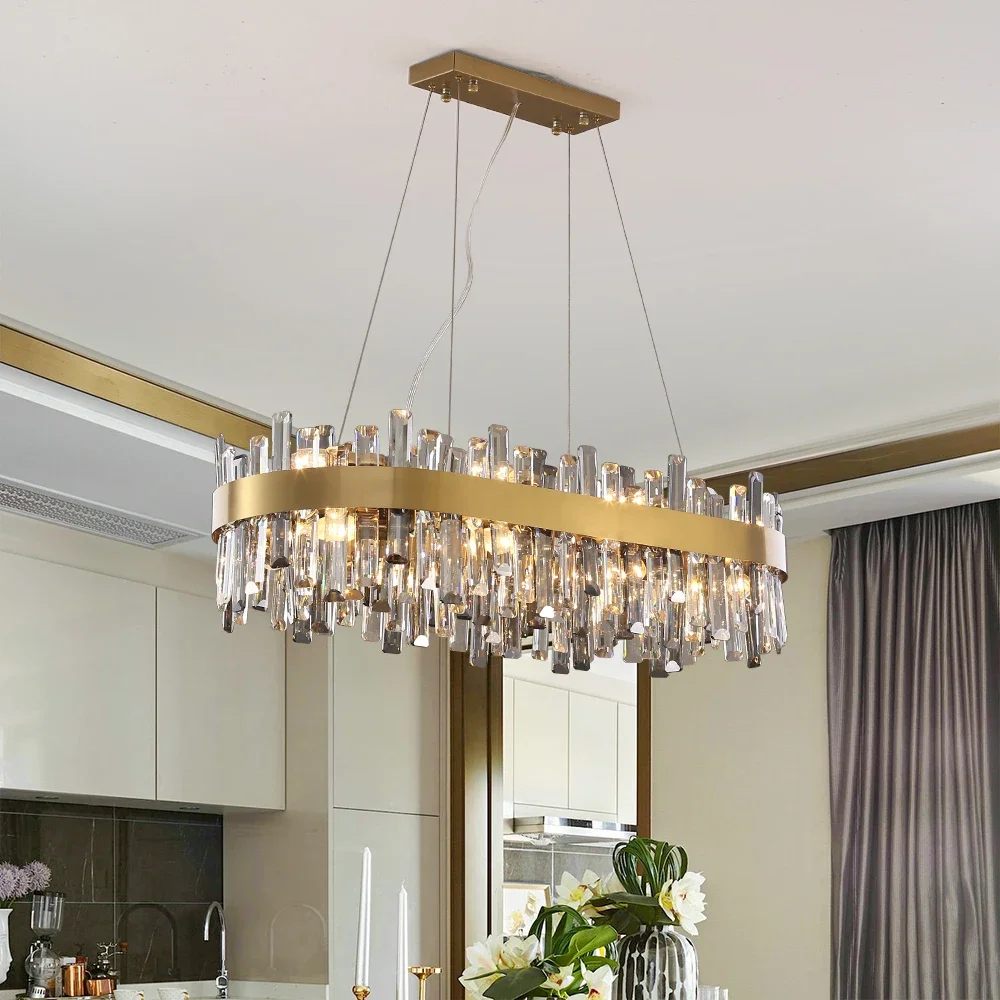 

Luxury Led Dining Room Chandelier Smoky Gray And Clear Crystal Hanging Lamp Modern Home Decor Light Fixture Round Kitchen Lustre