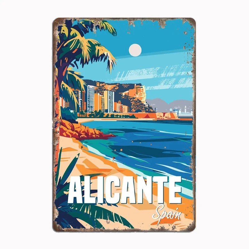 Letrero Metálico Vintage de Alicante, España, con Diseño de Playa, Placa Decorativa de Metal para Pared, Estilo Retro