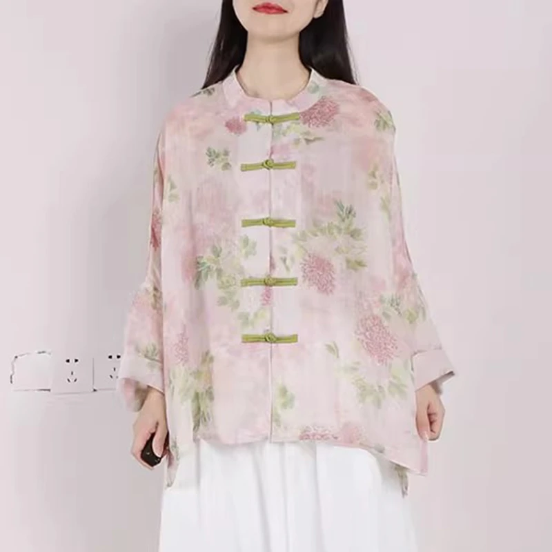 

Chinese Style Women Long Sleeve Ramie Shirt New 2025 Autumn Floral Print Loose Comfortable Female Casual Tops Shirts M1768