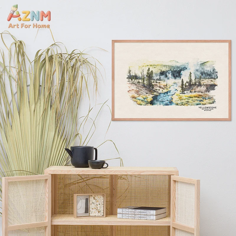 AZNM US National Park Watercolor Landscape Canvas Wall Art Vintage Nature Scenery Print Frameless Canvas Painting Home Living Ro