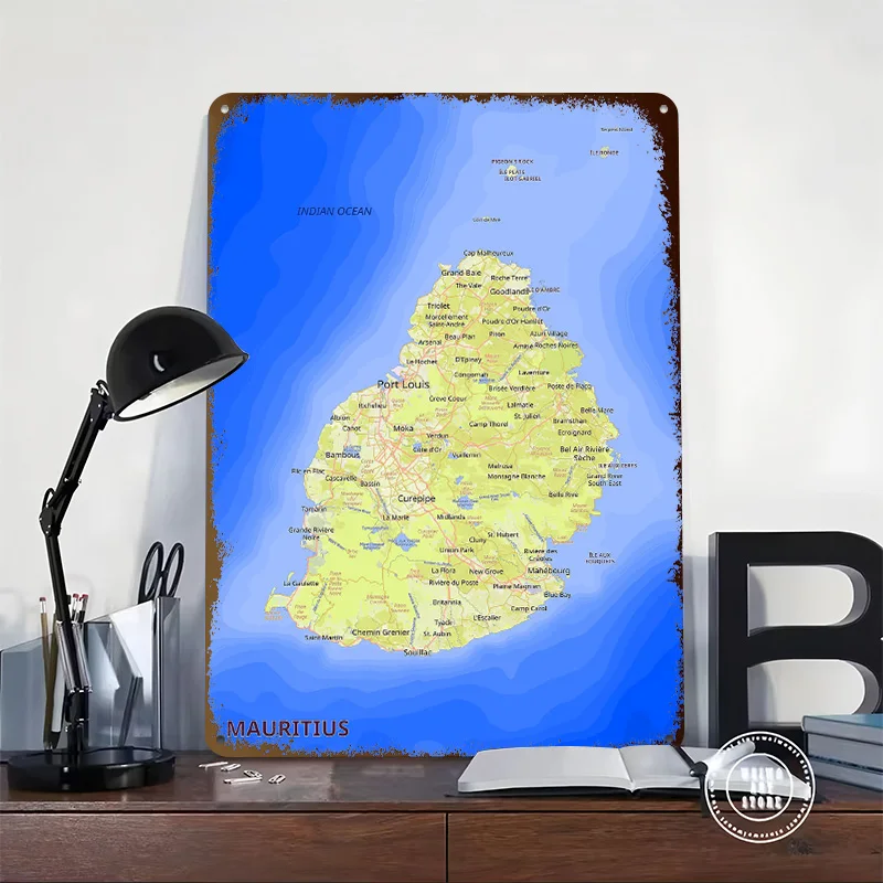 Detailed Map of Mauritius Island Printing Poster Customized Retro Wall Art Vintage Metal Signs for Room Modern Home Decoration