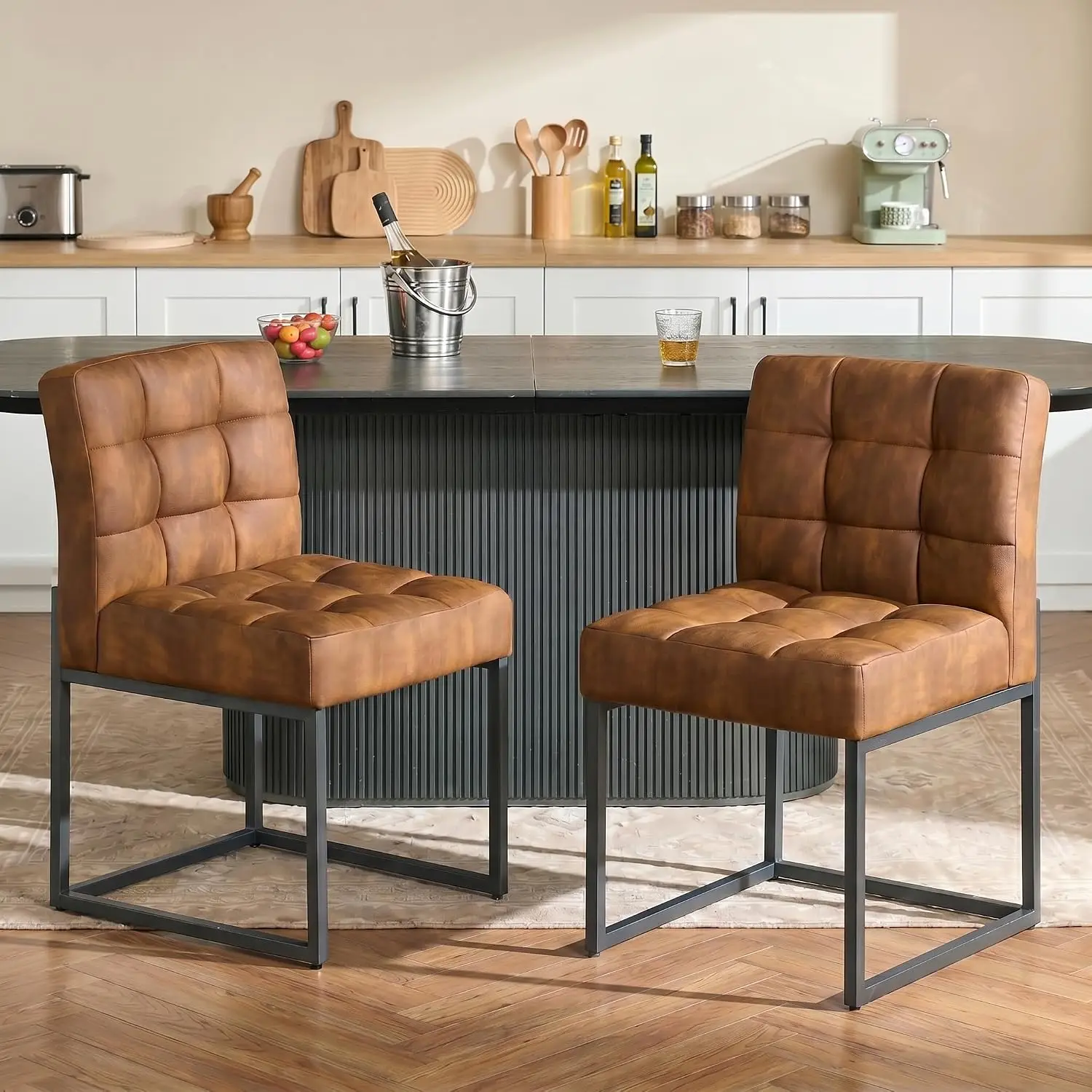 Coffee Faux Leather Dining Chairs Set of 2, Mid-Century Modern Dining Room Chairs with Armless, Checkered Kitchen Chair with Met