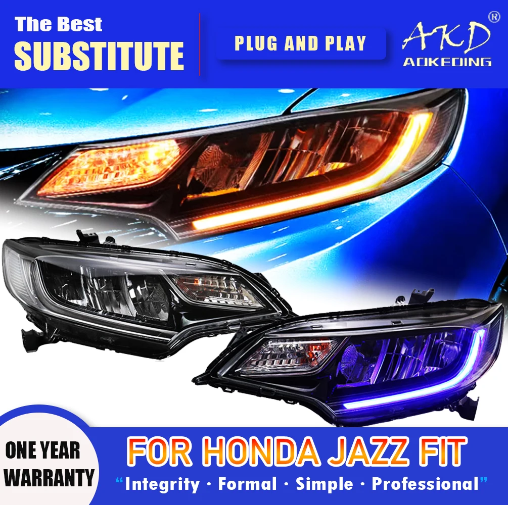 

Фара AKD для Honda Jazz Fit, светодиодная фара 2014-2019, фара, подходит для DRL, указатель поворота, дальний свет, линза проектора «ангельский глаз»