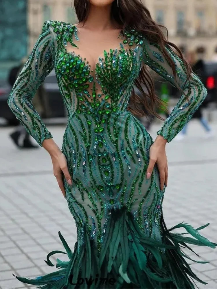 Vestidos de sirena verdes para celebridades, vestido de noche Formal personalizado con plumas largas para mujer, vestido de fiesta de compromiso, vestidos de graduación con purpurina