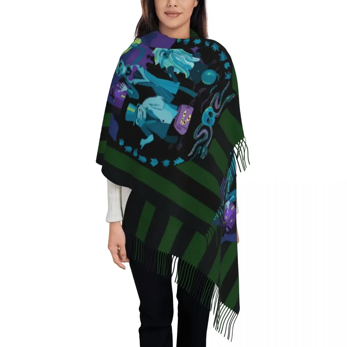 Haunted Mansion Tassel Scarf Women Soft Halloween Ghost Shawl Wrap Lady Winter Fall Scarves