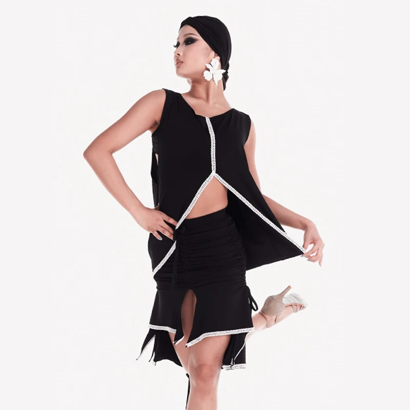 Latin Dance Zwarte Losse Kiel Backless Tops Onregelmatige Rokken Prestaties Kostuums Chacha Rumba Tango Volwassen Latin Jurk DN20580