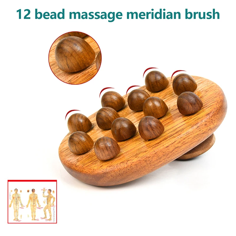 

12 Beads Handheld Gua Sha Massage Brush Natural Wood Waist Leg Meridian Scraping SPA Anti Cellulite Relaxation Tool