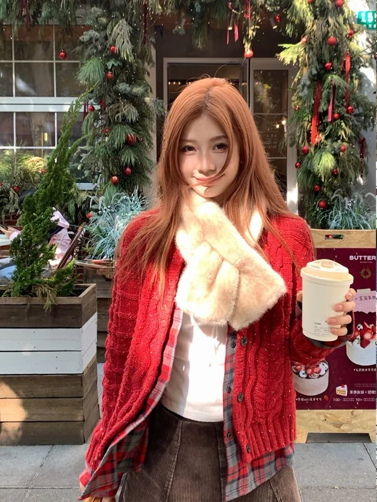 

Red Plaid Splicing Knitted Sweater Coat for Women Casual Sle Thiened Long Sve Open Cardigan Polyester Acrylic Wool Blend