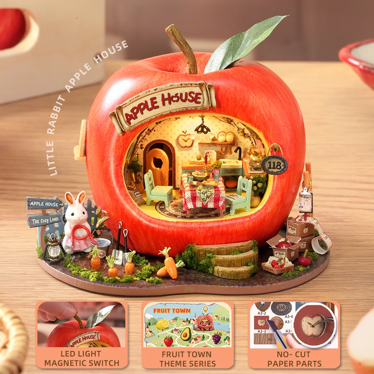 ชุดโมเดลไม้ DIY บ้านกระต่ายน้อยแอปเปิ้ล 3 มิติ ตัวต่อจิ๊กซอว์ พร้อมเฟอร์นิเจอร์และไฟ สำหรับเป็นของขวัญวันเกิดให้เพื่อน