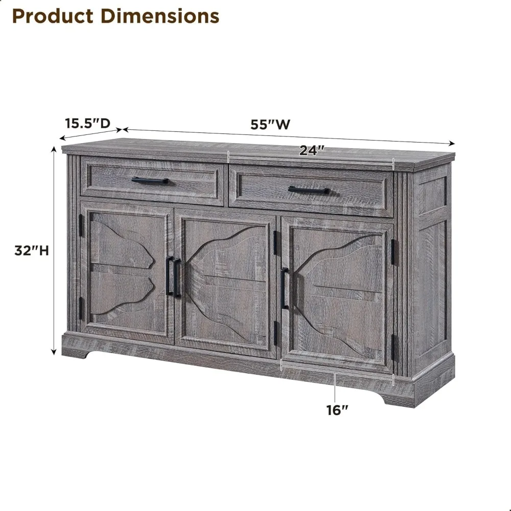 خزانة بوفيه جانبية كبيرة مع 3 أبواب ودرجين، مثالية لتخزين غرفة الطعام وبار القهوة وبار النبيذ في أمريكا