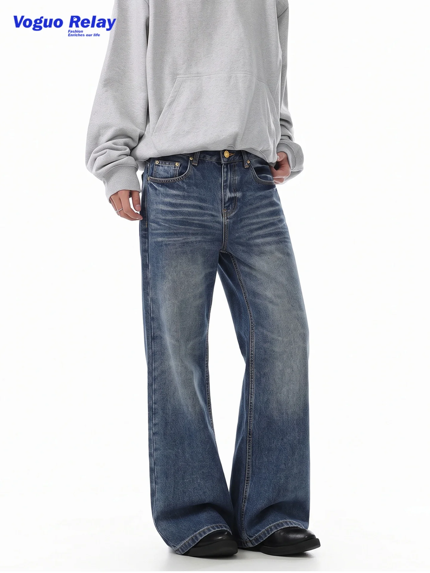 Calças Jeans Voguo Relay B04 Versão Clássica Lavada com Cintura Média e Barra Larga, Calças de Denim Versáteis de Perna Reta ...