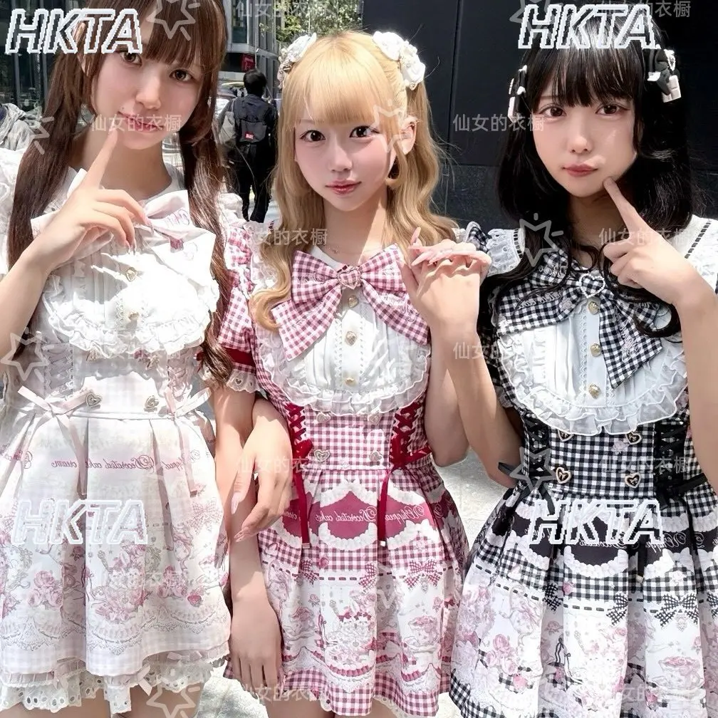 Japanese Mass Produced Sweet Bow Crew Neck Plaid Lace Cute Print Bubble Short Sleeve Lolita Dress Waist Shorts Kawaii Sets Women
