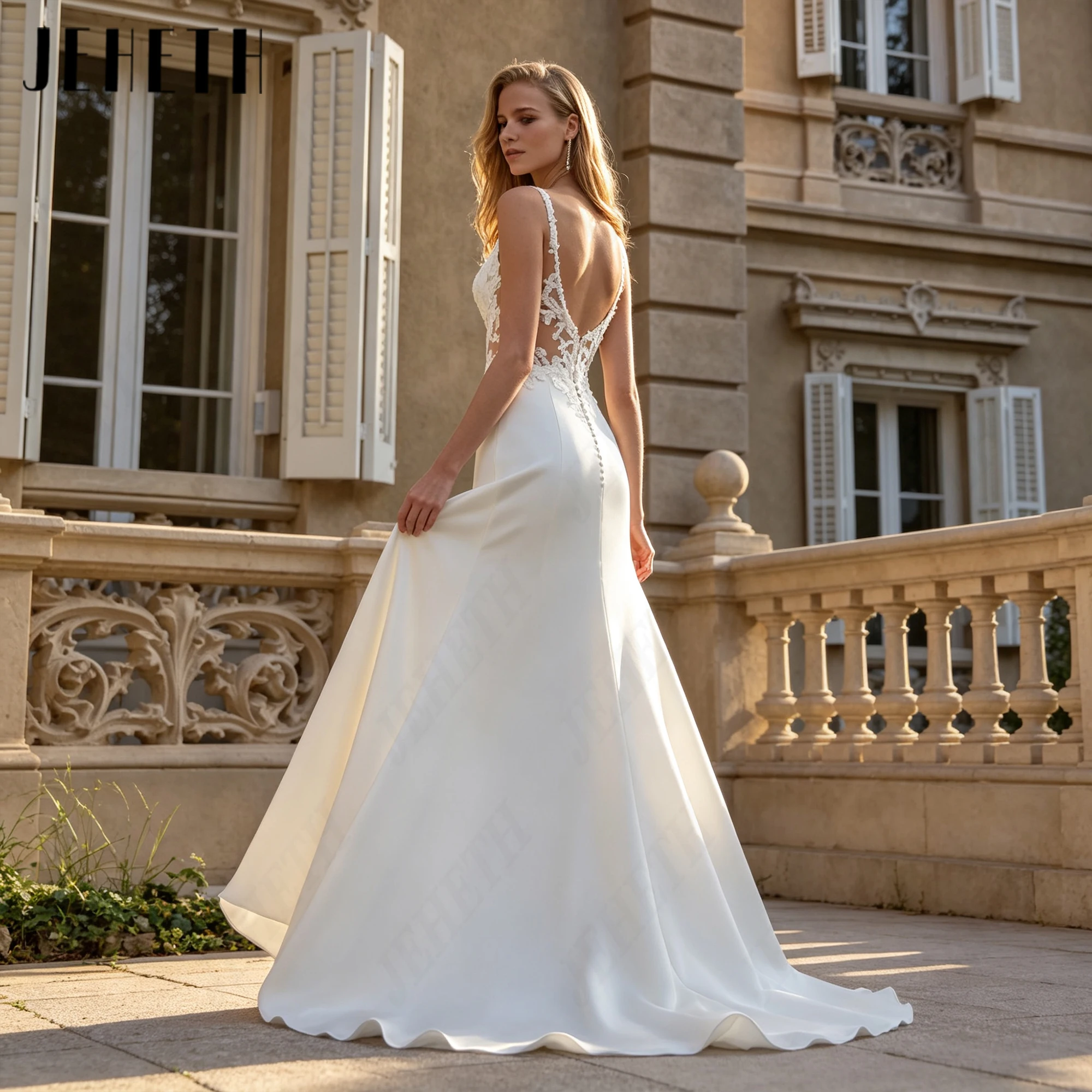 JEHETH V Neck Exquisite Wedding Gown With Pearls Lace Appliques Personalized Bridal Dress Sweep Train Illusion Bride Dresses