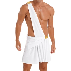 Mens Ancient Greek Roman Cosplay Costumes One-Shoulder Strap Ruffle Skirt Halloween Theme Party Role Play Grecian Lingerie Toga